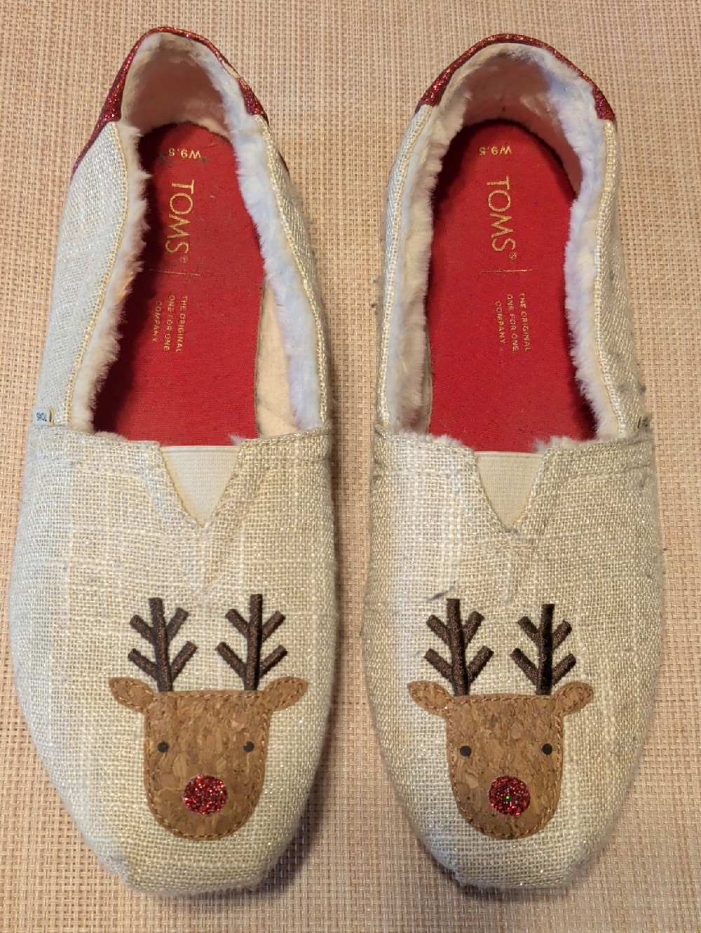 TOMS Natural Slip-On Flats with Red Fuzzy Lined Interior and Glitter Accents